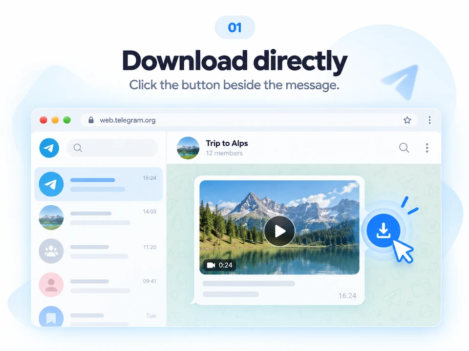 Telegram Web with a TG Downloader download button beside a video message