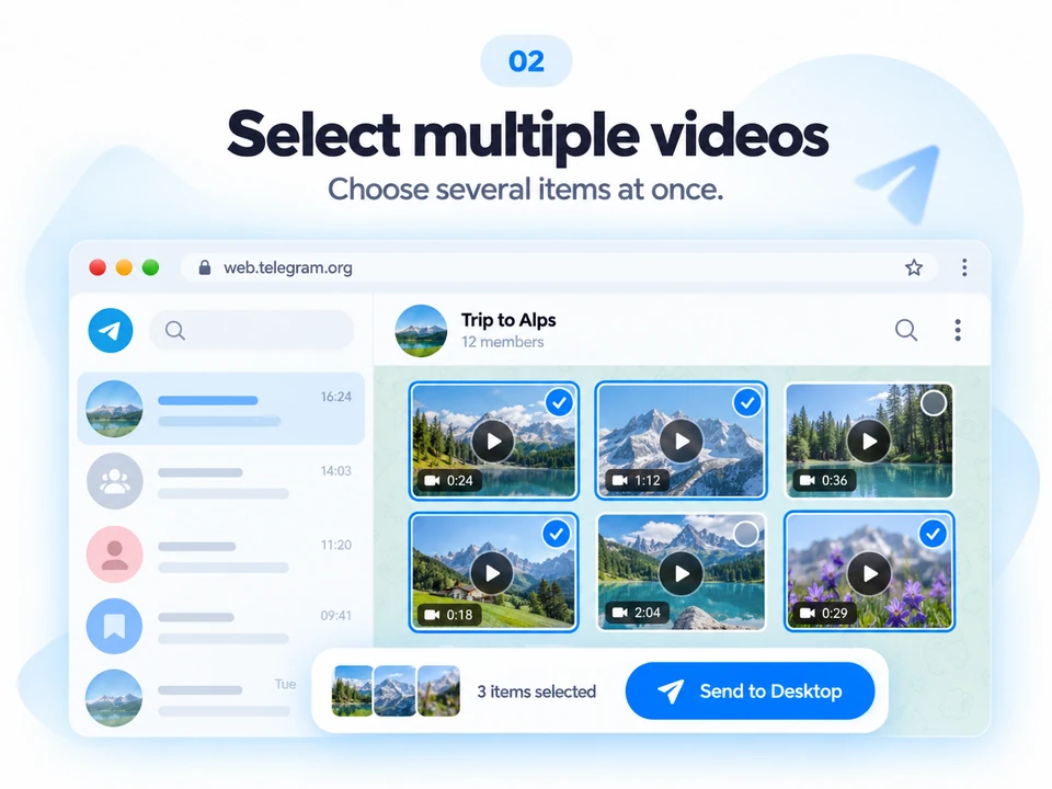 TG Downloader batch mode selecting several Telegram Web videos