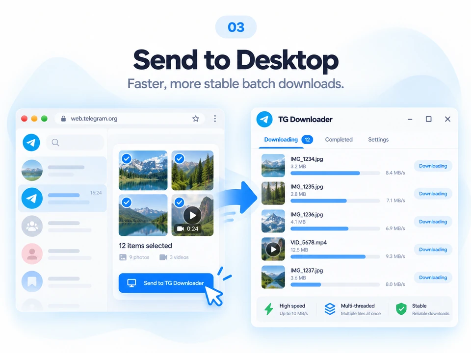 Telegram Web media sent from the browser extension to TG Downloader Desktop