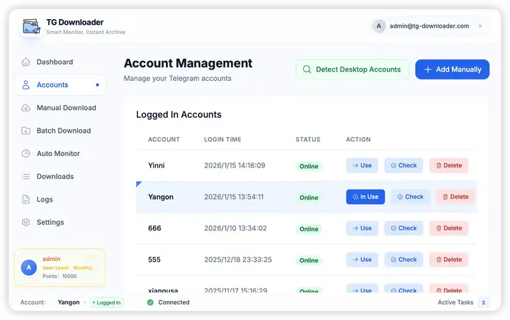 TG Downloader Multi-Account Management - Manage Multiple Telegram Accounts