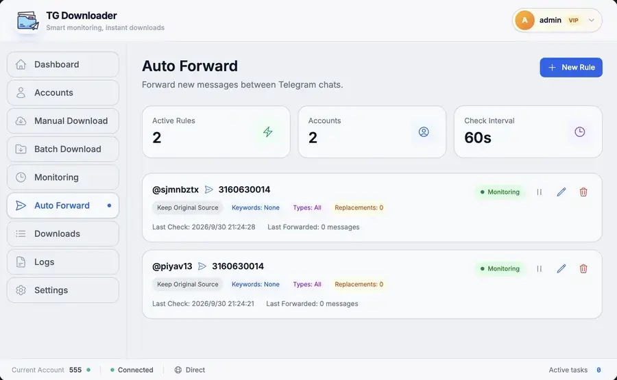 TG Downloader Auto Forward - Automatically forward Telegram messages from groups, channels, and private chats